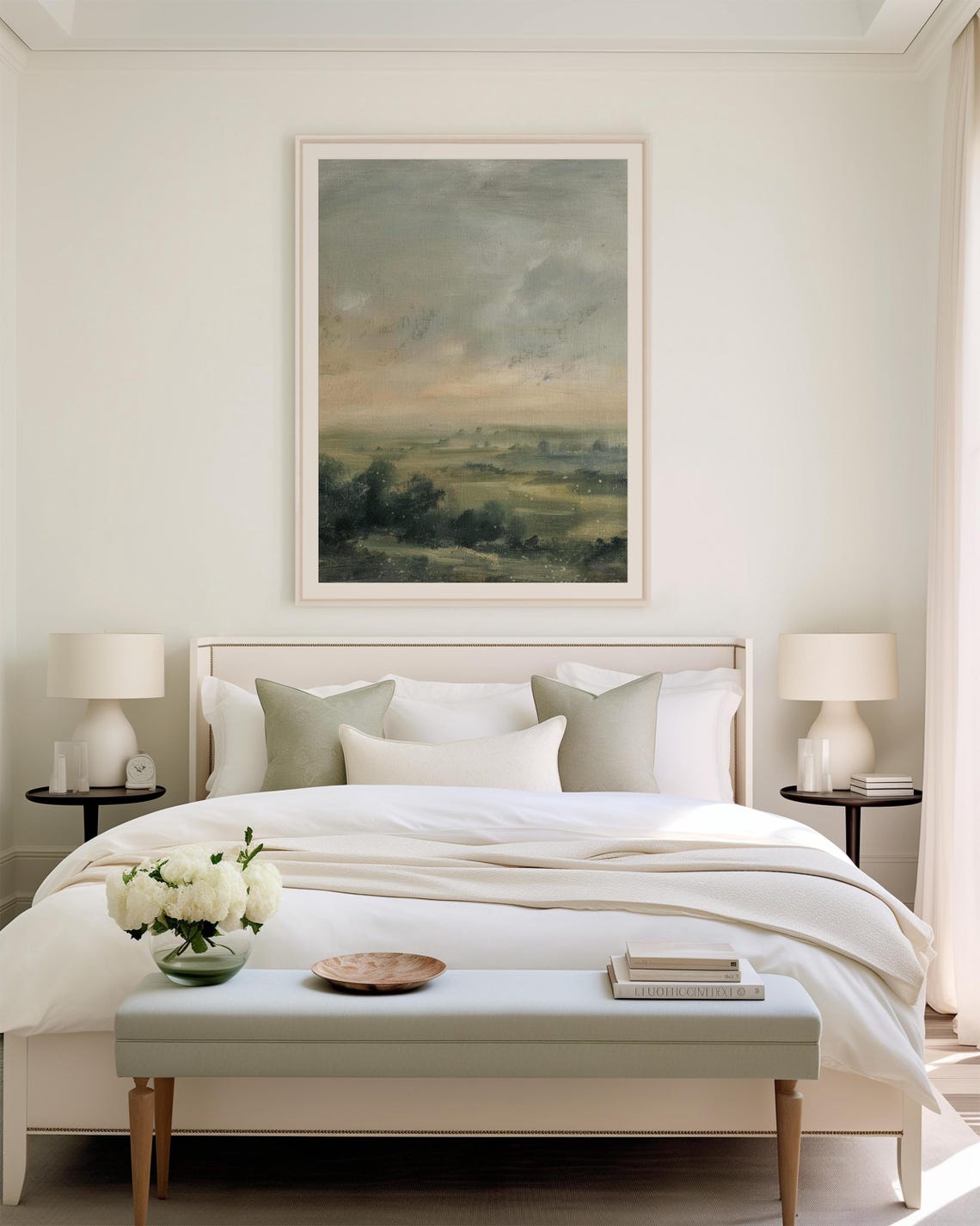 Misty Countryside Field Serene Green Landscape Painting Poster - Image 3