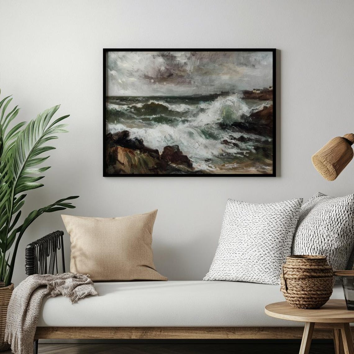 Stormy Sea With Crashing Waves Moody Coastal Oil Painting Poster - Image 2