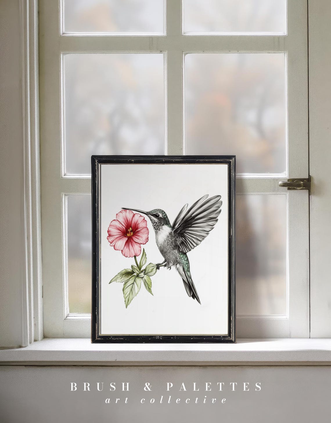 Hummingbird Pink Hibiscus Flower Pencil Sketch Botanical Bird Poster - Image 2
