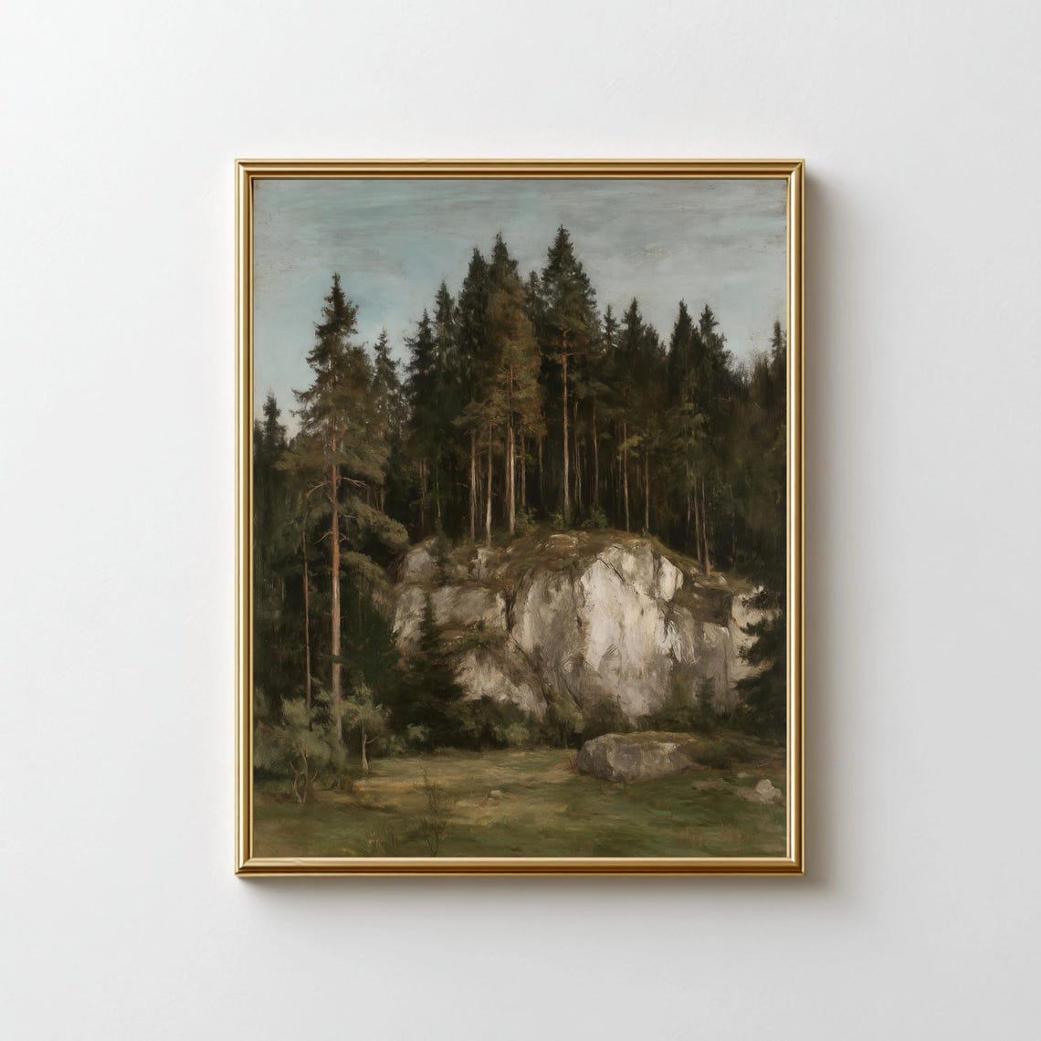 Forest Cliff Painting Rustic Nordic Nature Scene
