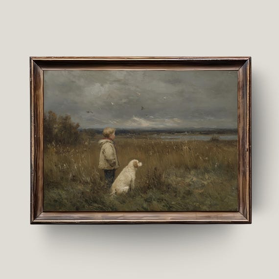 Boy And Dog Autumn Landscape Art Print, Farmhouse
