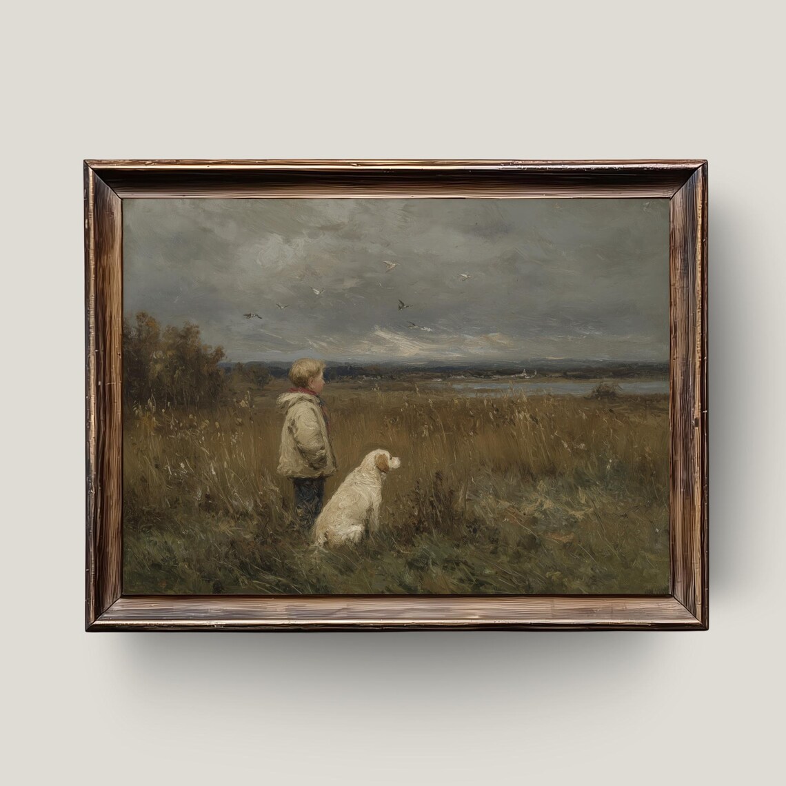 Boy And Dog Autumn Landscape Art Print, Farmhouse