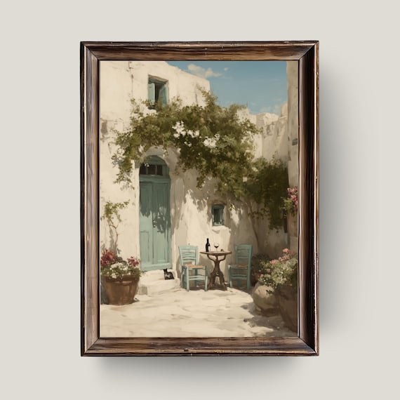 Greek Courtyard Mediterranean Village Oil Painting with Wine Cat Poster