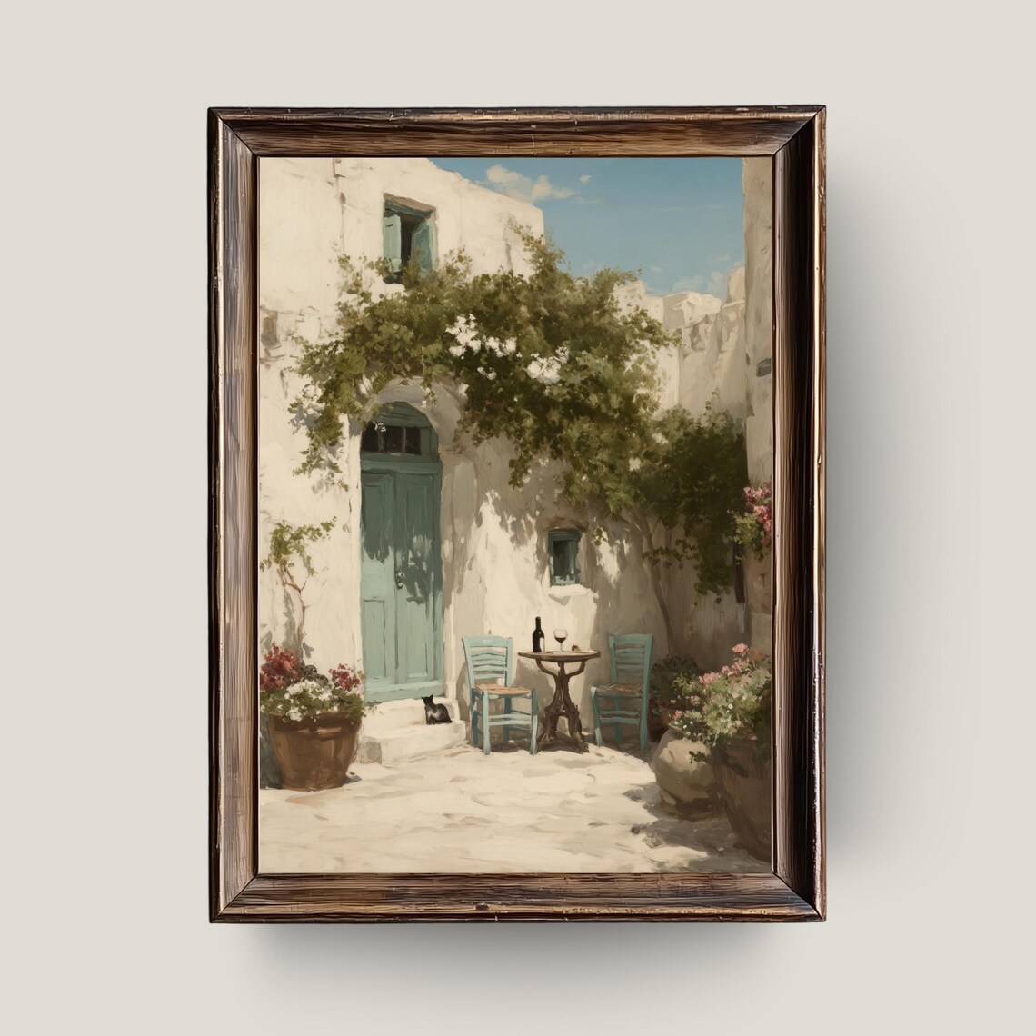 Greek Courtyard Mediterranean Village Oil Painting with Wine Cat Poster