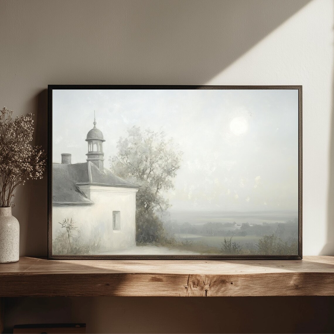 Misty Chapel Countryside Painting Serene White Church Morning Art Poster