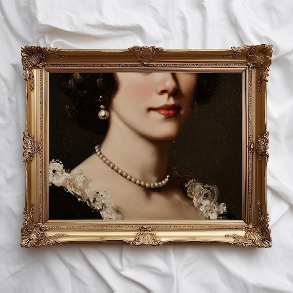Vintage Woman Pearl Necklace Classic Portrait Moody Dark Wall Art