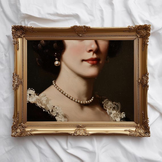 Vintage Woman Portrait Pearl Necklace Moody Classic