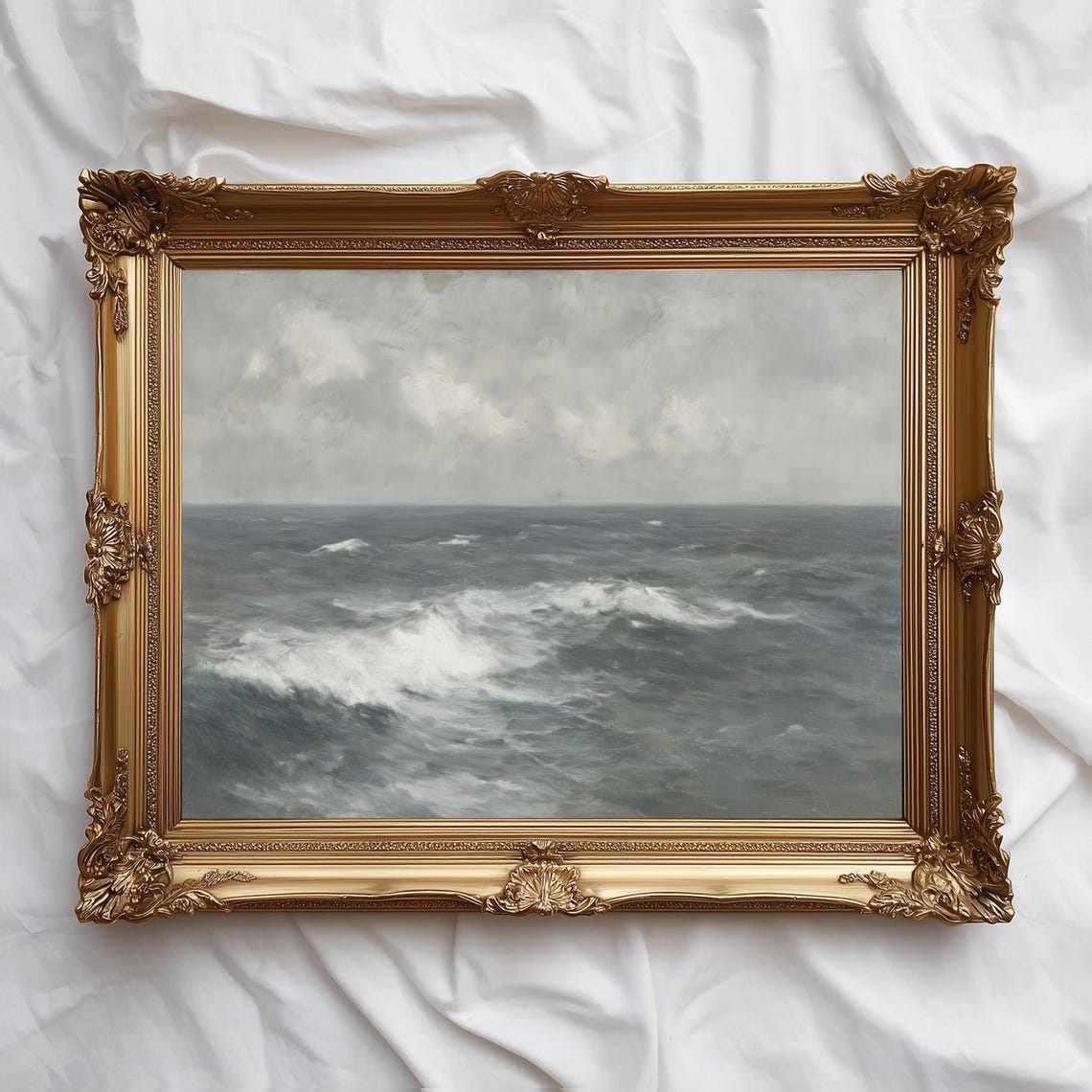 Calm Grey Ocean Seascape Painting With Soft Rolling Waves Wall Art