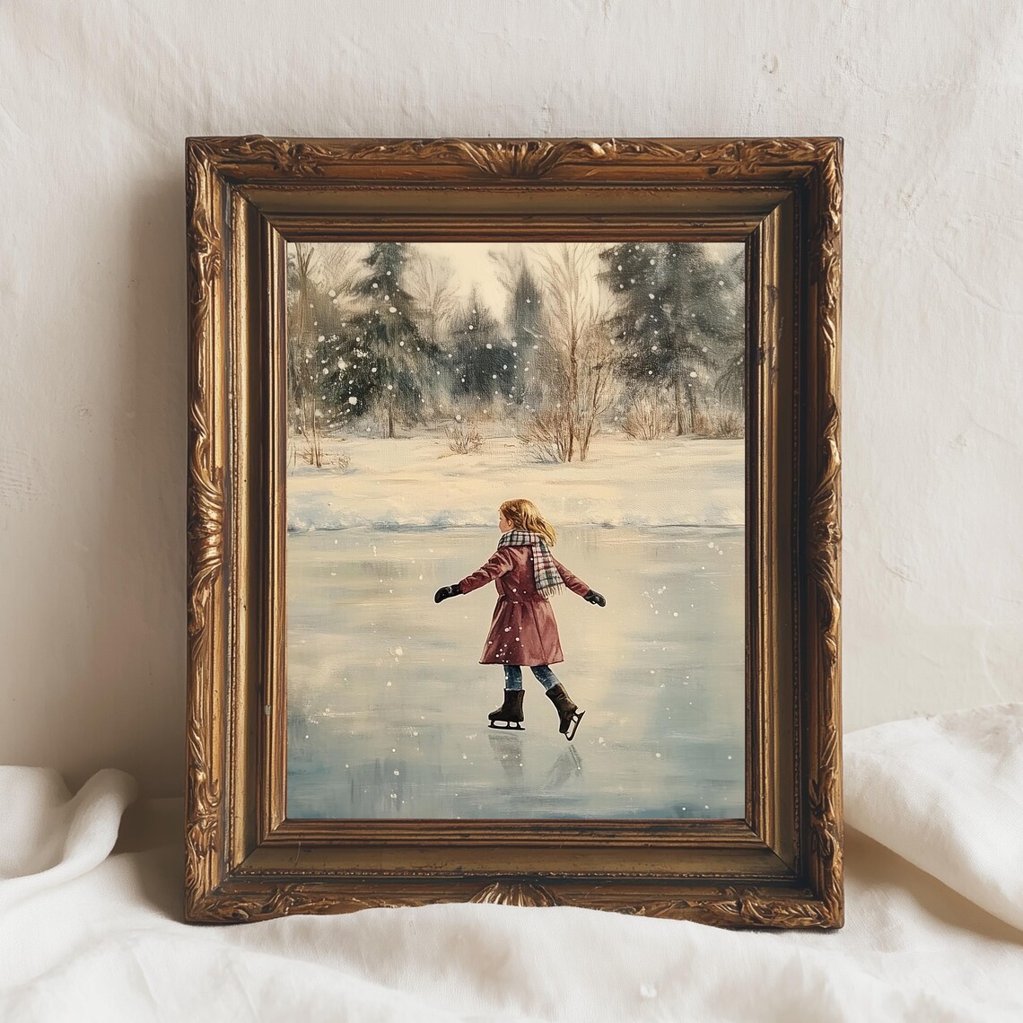 Ice Skating Girl on Frozen Pond Vintage Winter Painting Print