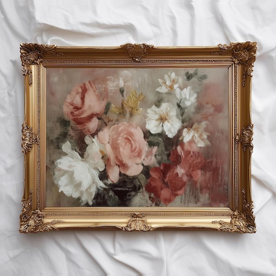 Floral Wall Art Print Blush Rose Bouquet Vintage Botanical Style