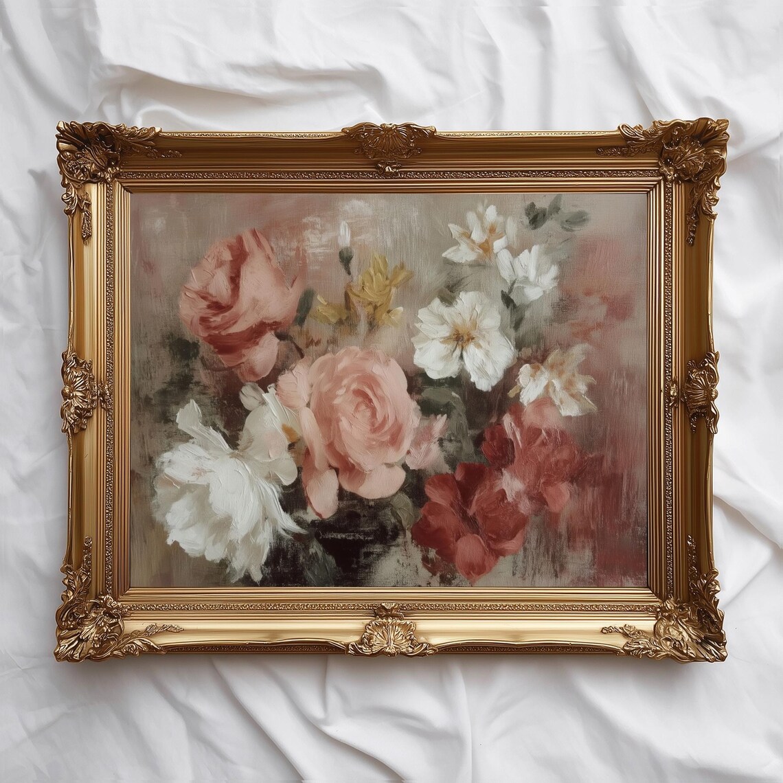 Floral Wall Art Print Blush Rose Bouquet Vintage Botanical Style