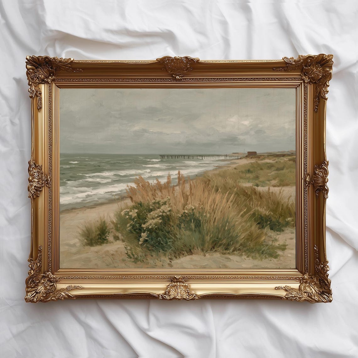 Muted Dune Grass Seascape Waves And Distant Pier Vintage Wall Art