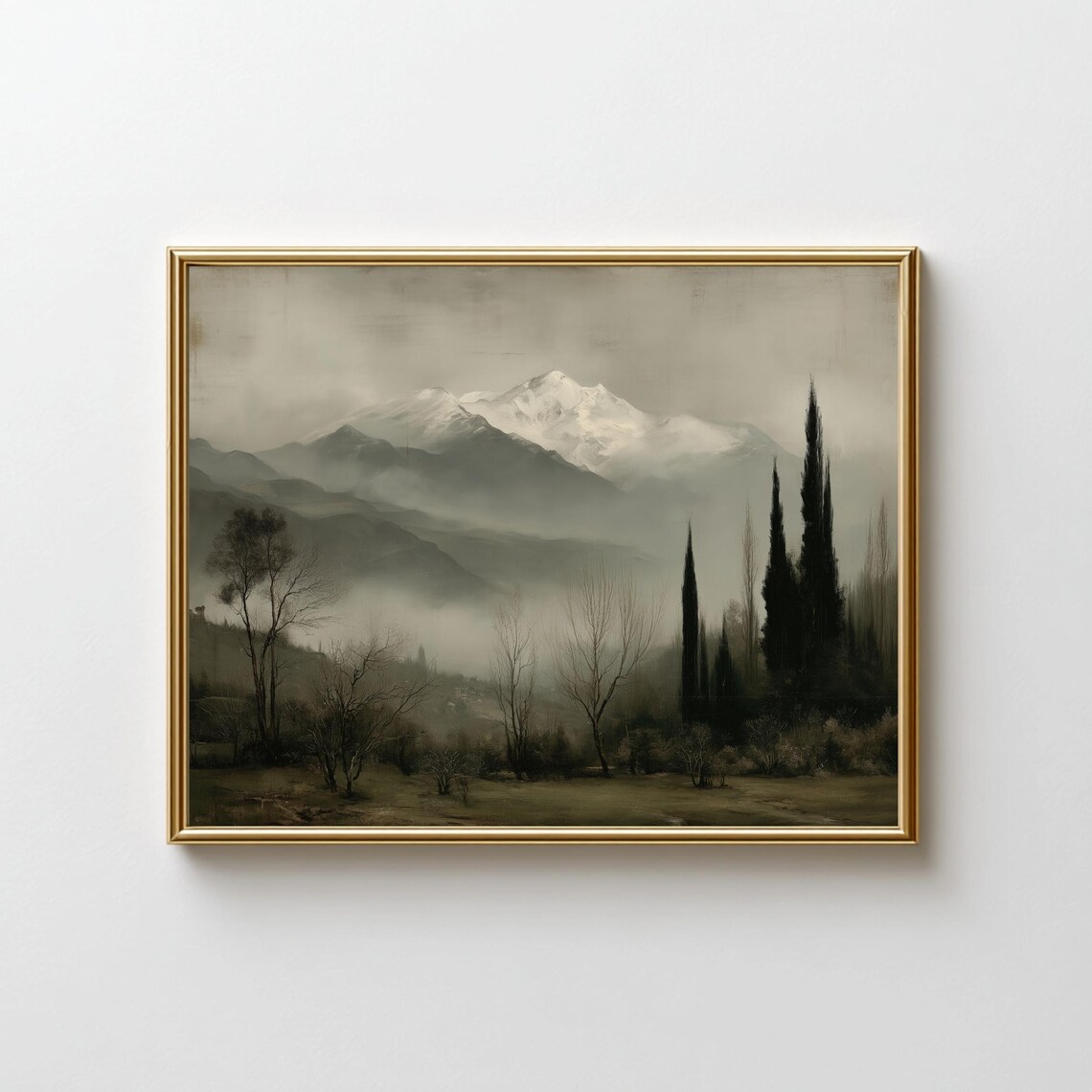 Misty Mountain Peaks Snow Capped Sepia Tone Vintage Landscape Poster