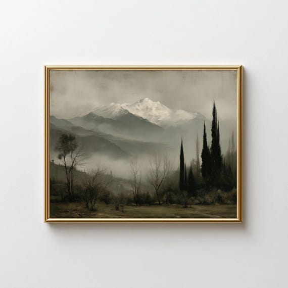 Misty Mountain Peaks Wall Art Moody Neutral Landscape Print