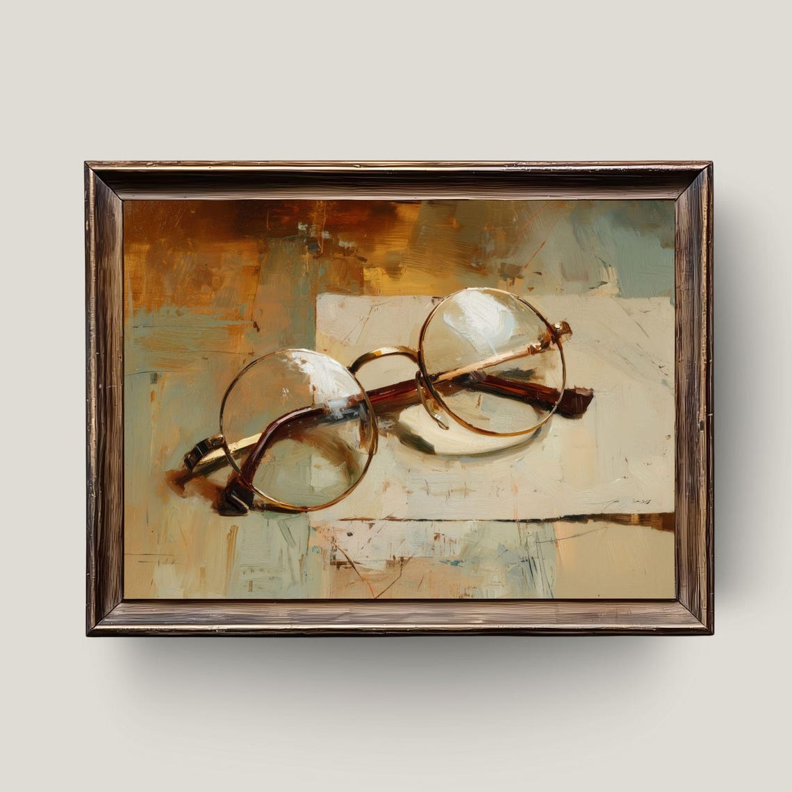 Round Vintage Eyeglasses Still Life on Old Papers Oil Painting Poster