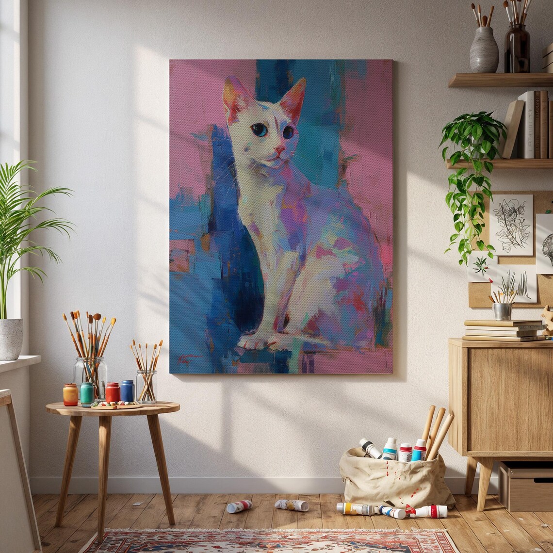 White Cat Colorful Abstract Portrait Pink Blue Painting Art Poster