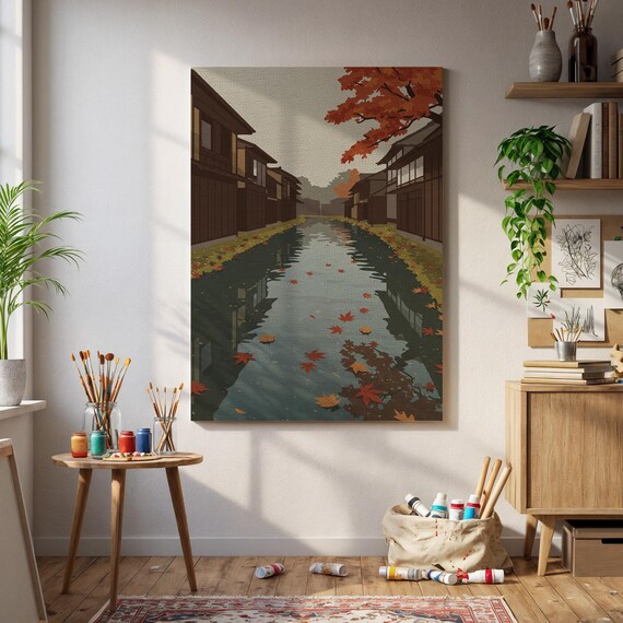 Japanese Autumn Canal Maple Leaves Falling Old Town Street Wall Art