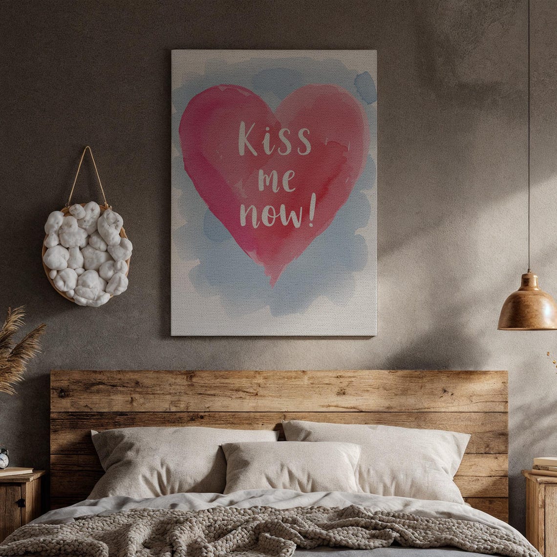 Kiss Me Now Pink Heart Watercolor Romantic Typography Art Poster