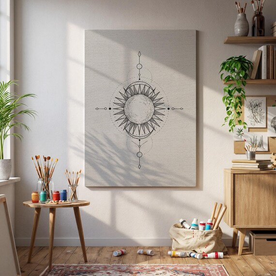 Framed Geometric Sun Wall Art Spiritual Minimalist Black Line Print On Beige Canvas Boho Zen Home Decor For Meditation Or Bedroom