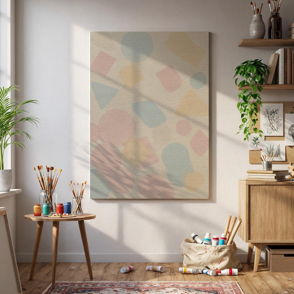 Framed Pastel Geometric Shapes Poster Modern Abstract Canvas Wall Art For Playroom Nursery Studio Or Minimal Boho Interior Decor