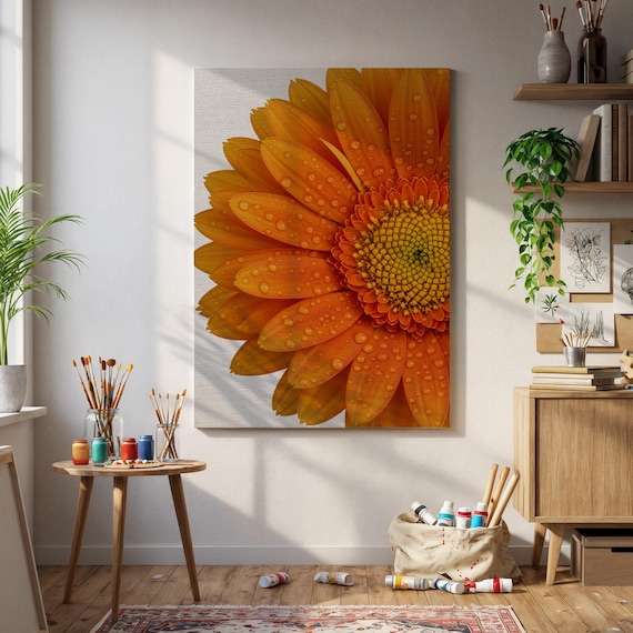 Orange Daisy Closeup Dew Drops Vibrant Floral Garden Macro Poster