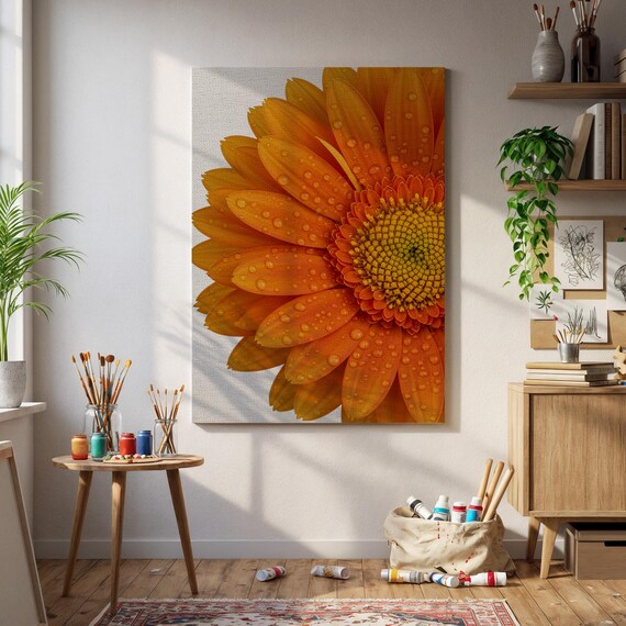Orange Daisy Wall Art Closeup Flower Print With Dew Drops Vibrant Botanical Canvas Natureinspired Floral Decor Modern Bloom Home