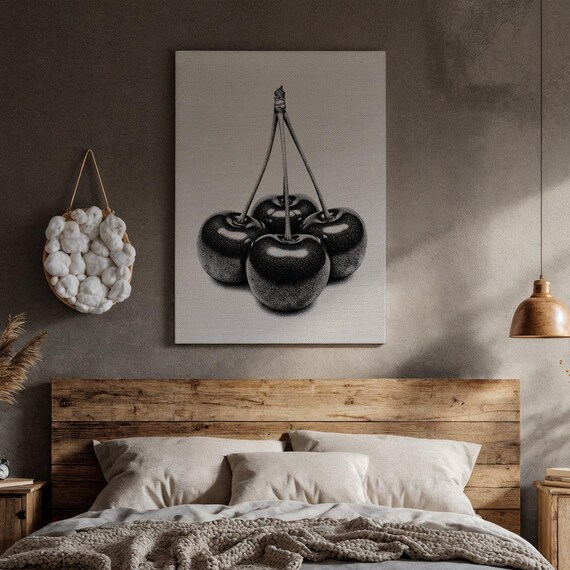 Black and White Ink Drawing of Dark Cherries Minimalist Wall Art
