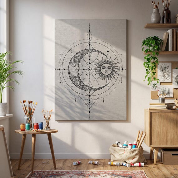 Mystic Sun And Moon Wall Art Print Boho Celestial Line Drawing Poster Framed Minimal Spiritual Decor For Bedroom Or Meditation Space