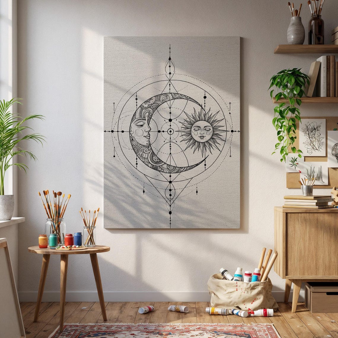 Boho Sun And Moon Celestial Line Drawing Mandala Style Poster