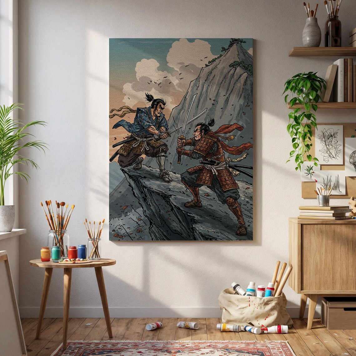 Samurai Sword Duel on Rocky Cliff Japanese Warrior Art Poster