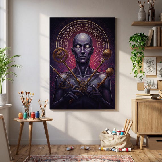 Mystic Alchemy Art Print Dark Esoteric Poster Occult Figure Holding Celestial Keys Magical Wall Decor Purple Gold Sorcery Canvas Home