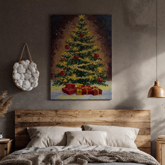 Festive Christmas Tree With Gifts Textured Acrylic Painting Wall Art