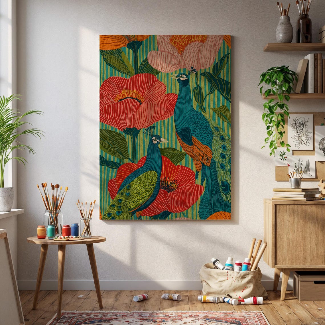 Peacock Art Print Bold Jungle Floral Illustration With Peacocks And Poppies Exotic Bird Wall Decor For Boho Or Eclectic Interiors