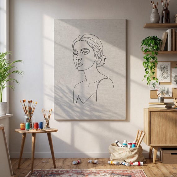 Framed Minimal Line Art Woman Portrait Elegant Female Silhouette Wall Decor Modern Abstract Face Poster For Bathroom Or Bedroom