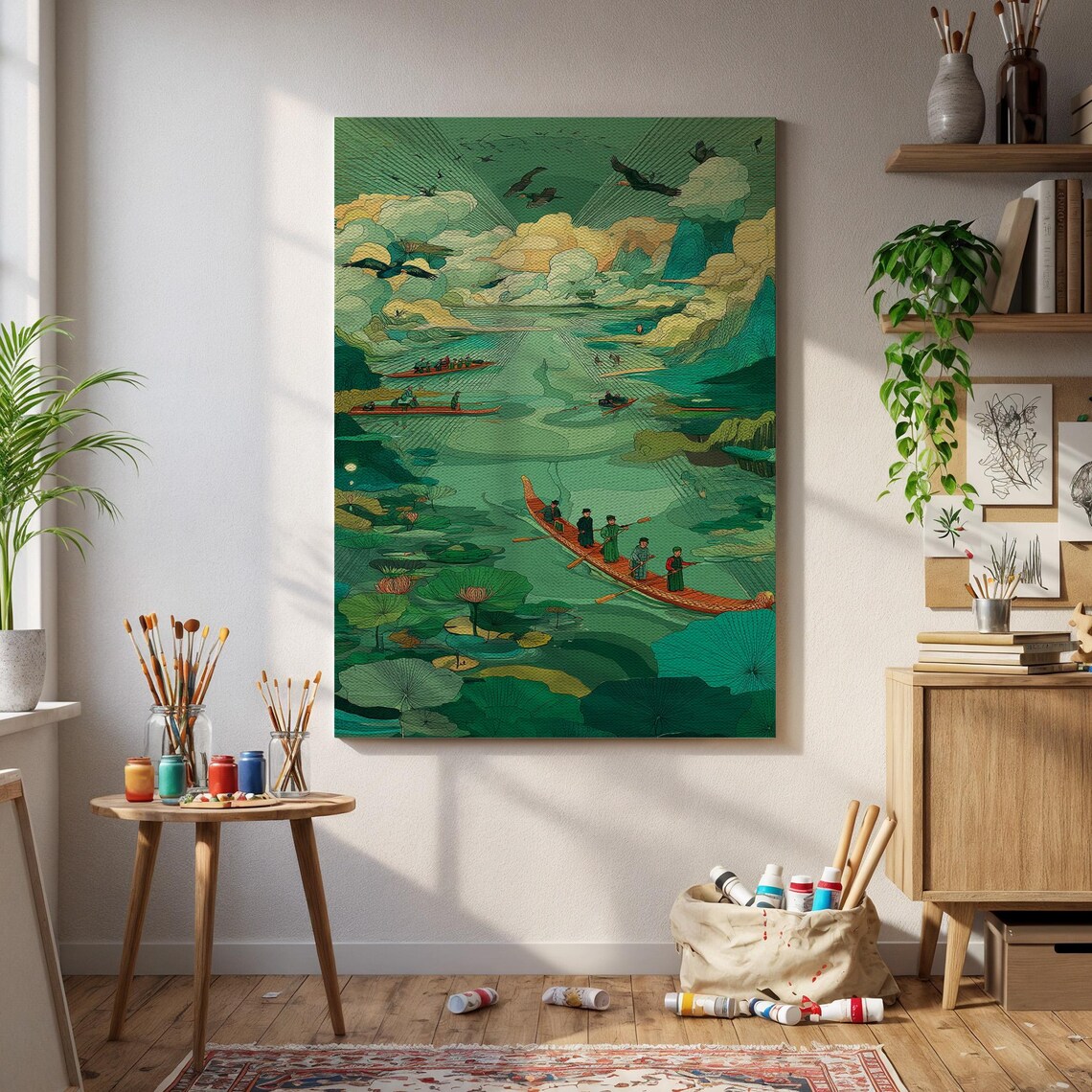 Dragon Boat Lotus River Misty Mountains Asian Style Art Poster