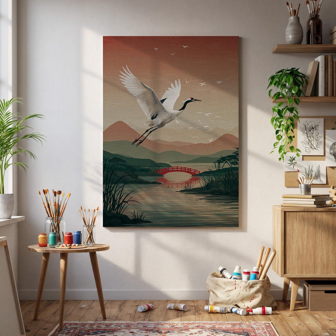 Japanese Red Crowned Crane Flying Red Bridge Mountain Lake Poster