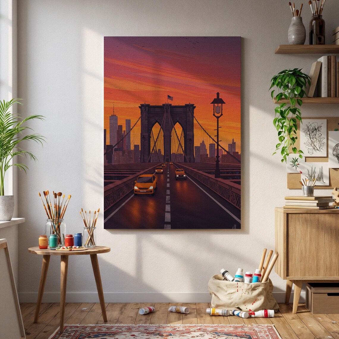Brooklyn Bridge Sunset Yellow Taxis New York City Skyline Poster