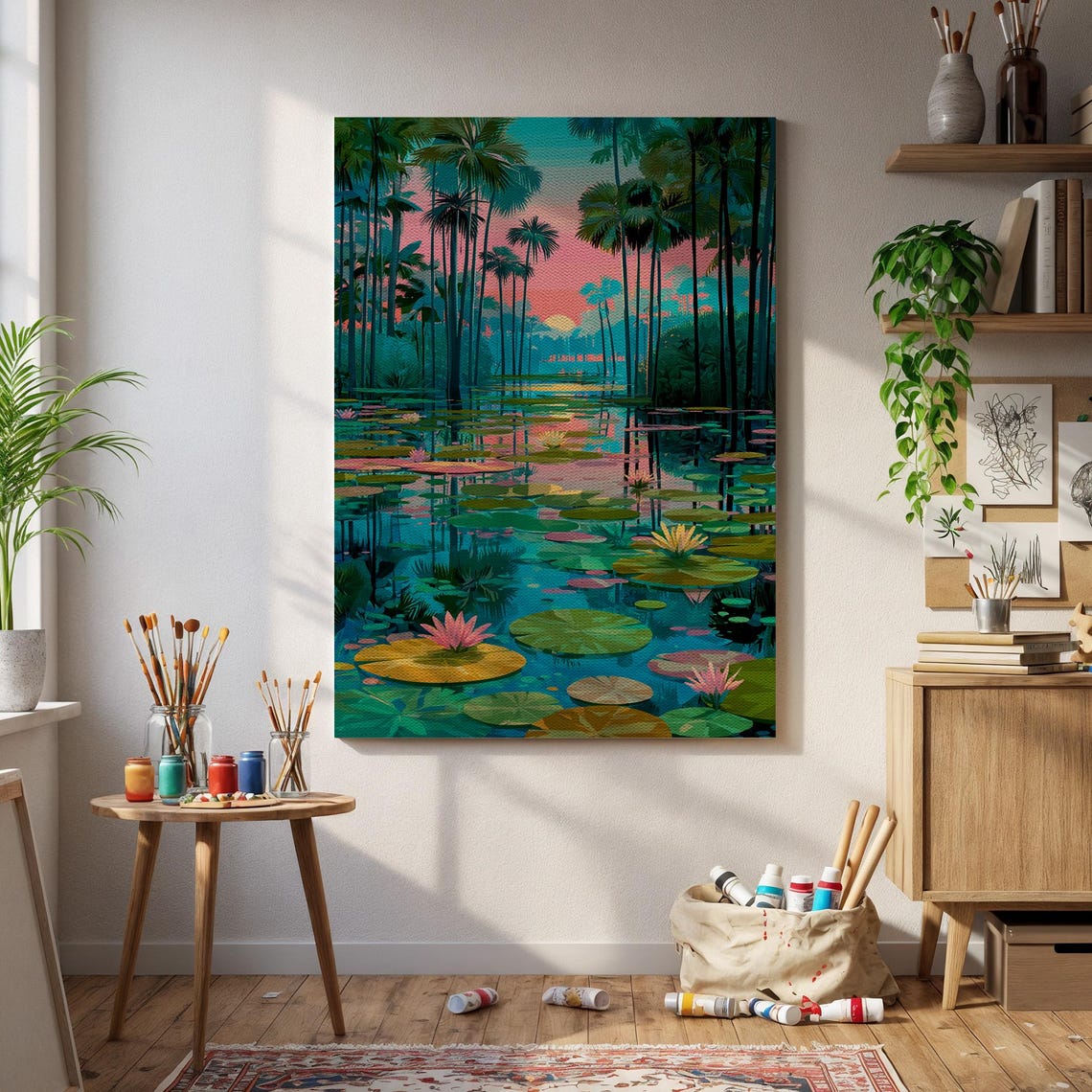 Tropical Sunset Water Lily Lagoon Palm Trees Colorful Poster