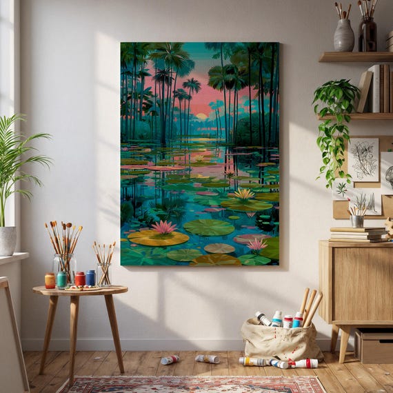 Tropical Sunset Water Lily Wall Art Peaceful Lagoon Scene With Flowers Palm Trees And Reflections Serene Nature Print