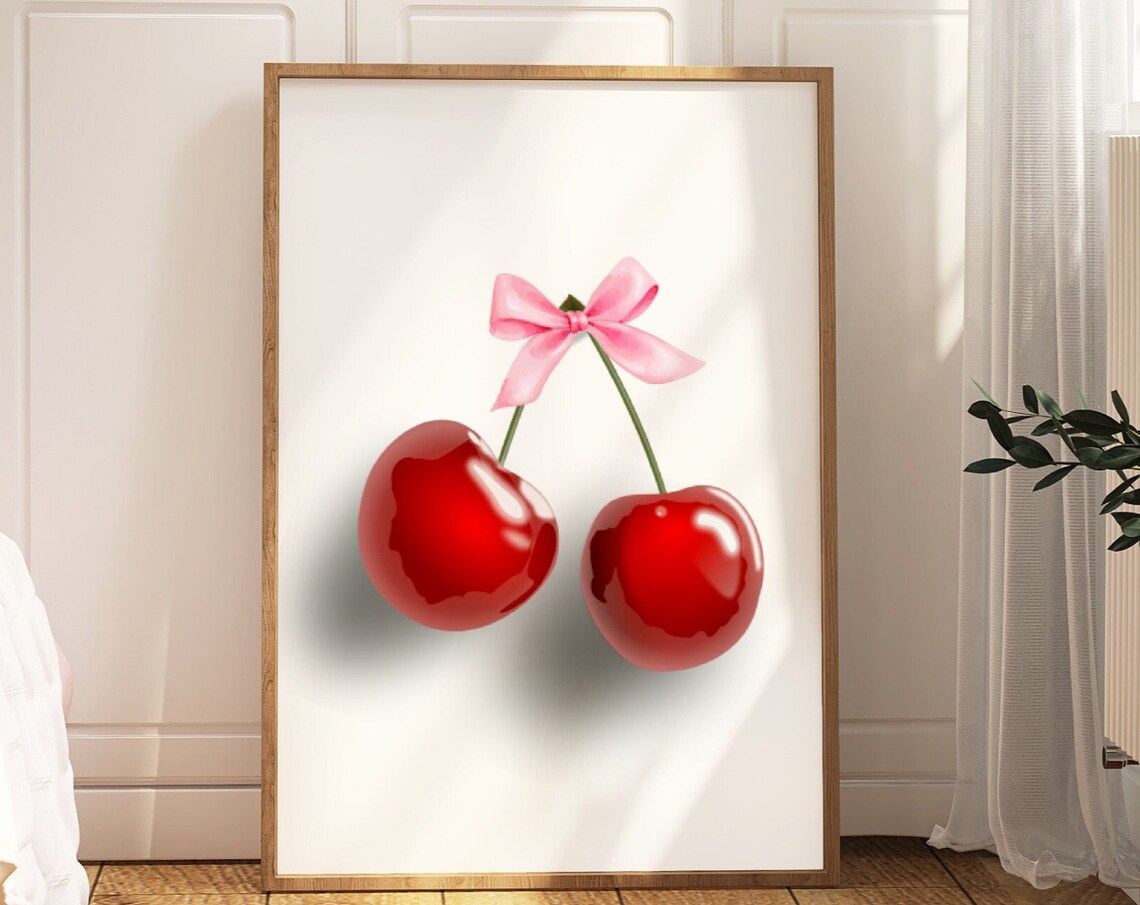 Red Cherries Pink Bow Coquette Glossy Fruit Poster Fun Home Decor - Image 3