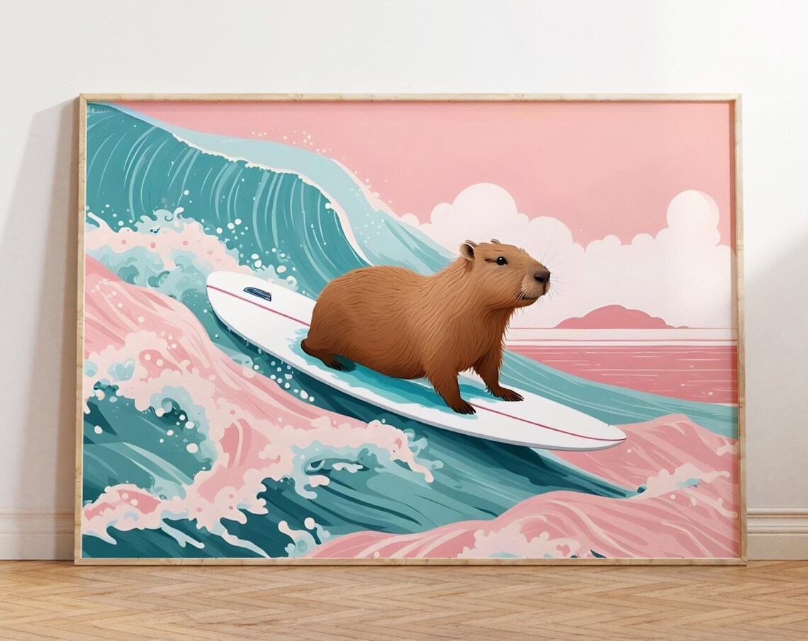 Capybara Print Capybara Surf Poster Pink Beachy Decor Capybara Lover Gift Animal Wall Art Boho Illustration