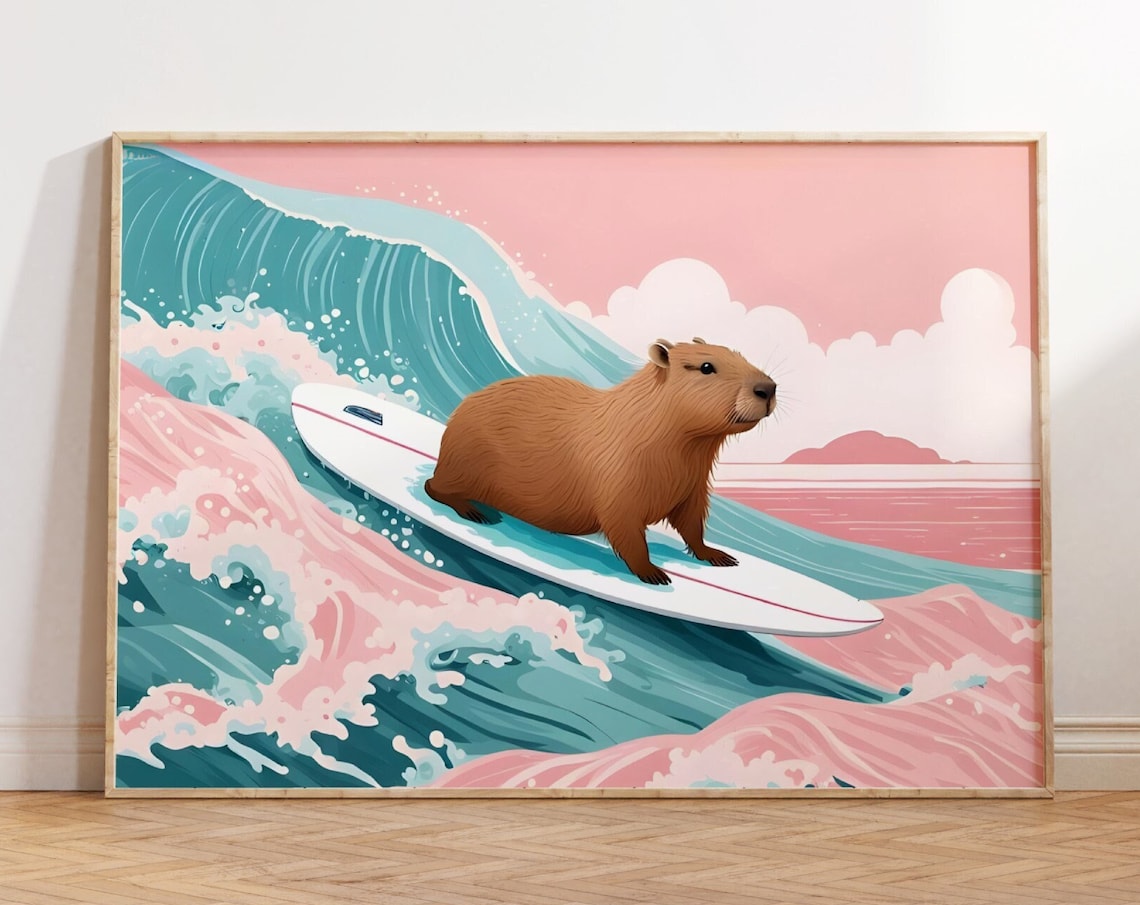 Capybara Surfing Pink Teal Wave Beachy Ocean Animal Art Poster