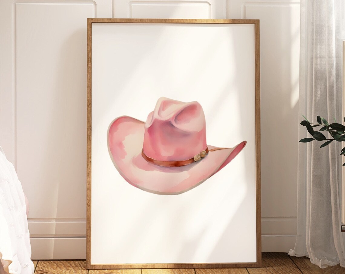 Pastel Pink Cowgirl Hat Print Coastal Cowgirl Print Light Pink Western Painting Preppy Dorm Room Wall Art Rodeo Decor Throwback Poster