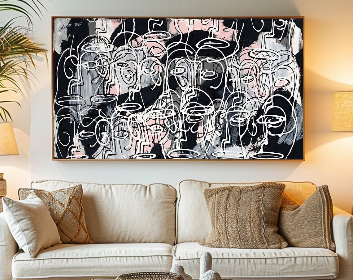 Wide Crowd of White Line Faces on Black Abstract Panorama Poster - Image 5