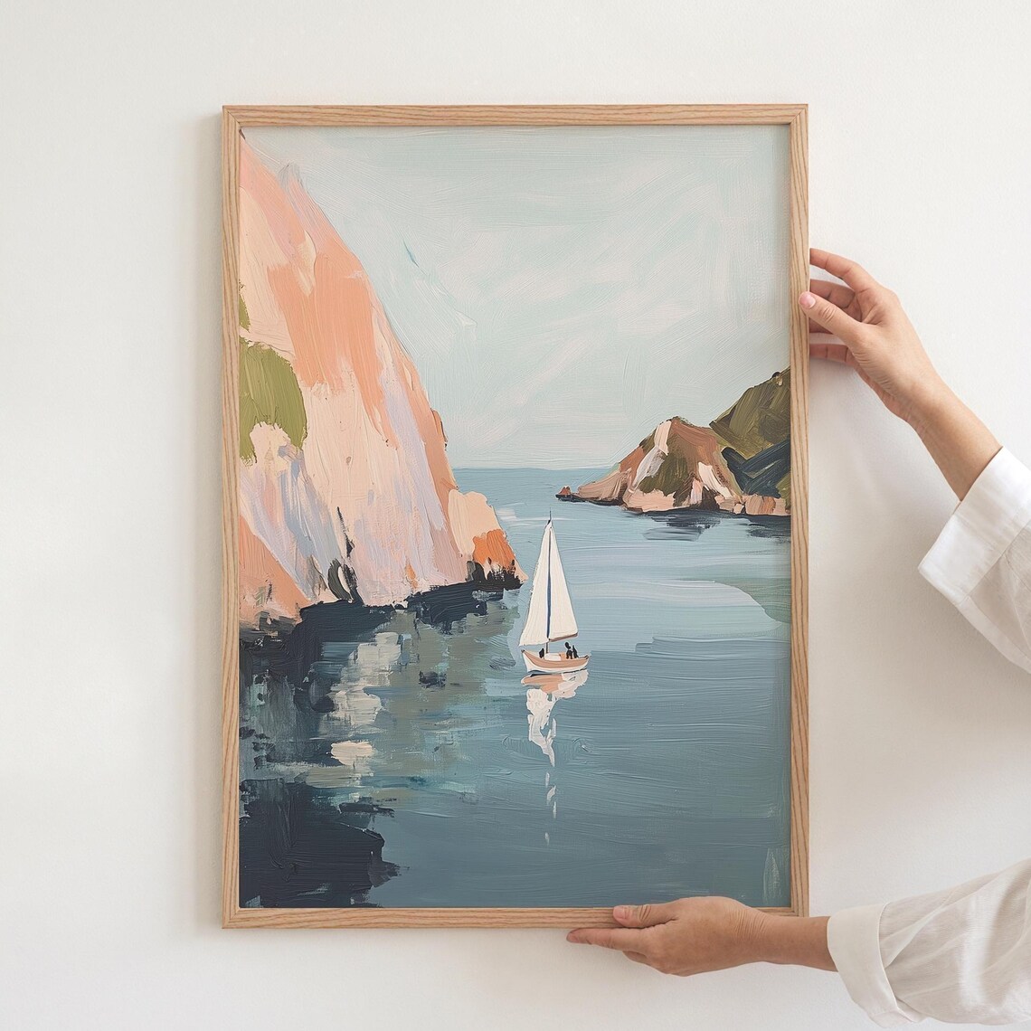 Pastel Sailboat Cove Oil Painting Coastal Cliff Seascape Poster