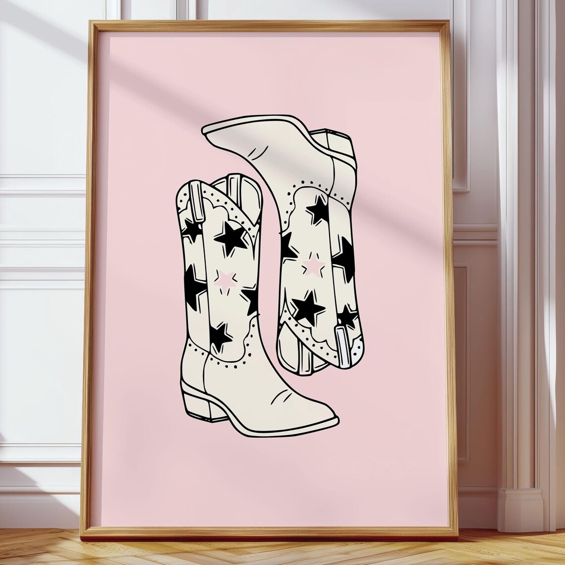 White Starry Cowboy Boots Illustration On Pink Background Poster