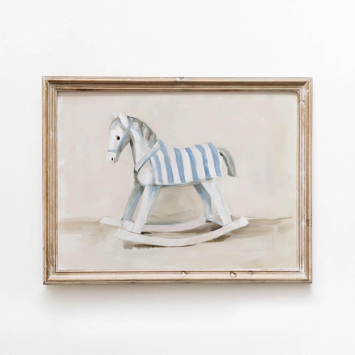 Vintage Rocking Horse Toy Nursery Painting Striped Blue Print