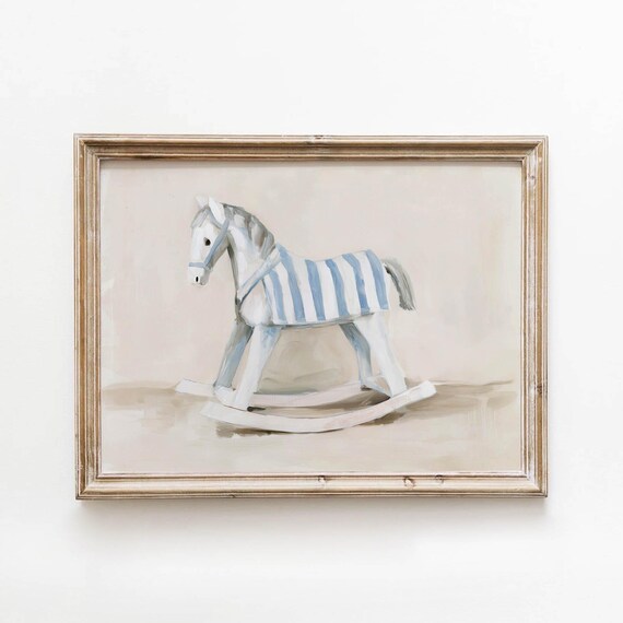 Printable Vintage Rocking Horse Toy Wall Art Soft White Blue Striped Nursery Decor Neutral Baby Room Print Digital Download 729
