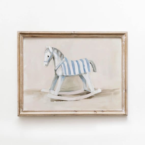 Vintage Rocking Horse Toy Nursery Painting Striped Blue Print