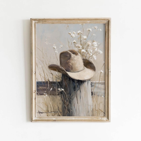 Beige Cowboy Hat on Fence Post Rustic Western Wildflower Poster